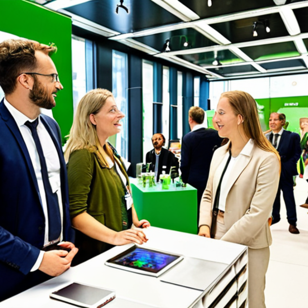 ** "A diverse group of professionals networking at a modern, green-themed business event in Luxembourg City, showcasing the country's focus on finance and sustainable technologies. People are speaking French, German, and English. The atmosphere is bright and optimistic."

**