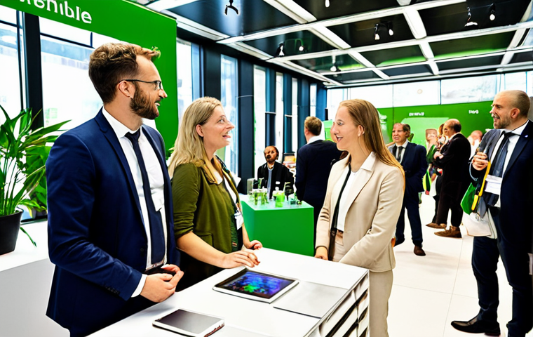 ** "A diverse group of professionals networking at a modern, green-themed business event in Luxembourg City, showcasing the country's focus on finance and sustainable technologies. People are speaking French, German, and English. The atmosphere is bright and optimistic."

**