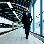 Home 13 A professional commuter, dressed in a modest business suit, walks with purpose through a modern, brightly lit train station. The station features sleek architectural lines, large glass panels, and a clean, efficient aesthetic, with subtle digital displays indicating destinations like Luxembourg City and Trier. The subject is calm and composed, representing the daily cross-border journey. Fully clothed, appropriate attire, safe for work, professional dress, perfect anatomy, correct proportions, natural pose, well-formed hands, proper finger count, natural body proportions, professional photography, high resolution.