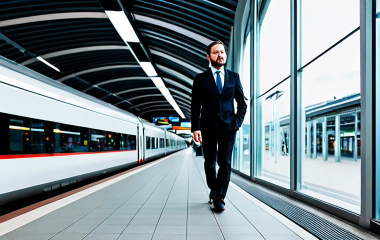 A professional commuter, dressed in a modest business suit, walks with purpose through a modern, brightly lit train station. The station features sleek architectural lines, large glass panels, and a clean, efficient aesthetic, with subtle digital displays indicating destinations like Luxembourg City and Trier. The subject is calm and composed, representing the daily cross-border journey. Fully clothed, appropriate attire, safe for work, professional dress, perfect anatomy, correct proportions, natural pose, well-formed hands, proper finger count, natural body proportions, professional photography, high resolution.
