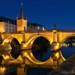 Home 9 룩셈부르크 야경 명소 - **Prompt:** A majestic, wide-angle shot of the Adolphe Bridge in Luxembourg City at twilight. The br...