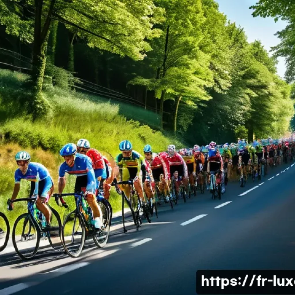룩셈부르크 스포츠 스타 - A dynamic scene of a Luxembourgish cycling race winding through the hilly countryside, featuring cyc...