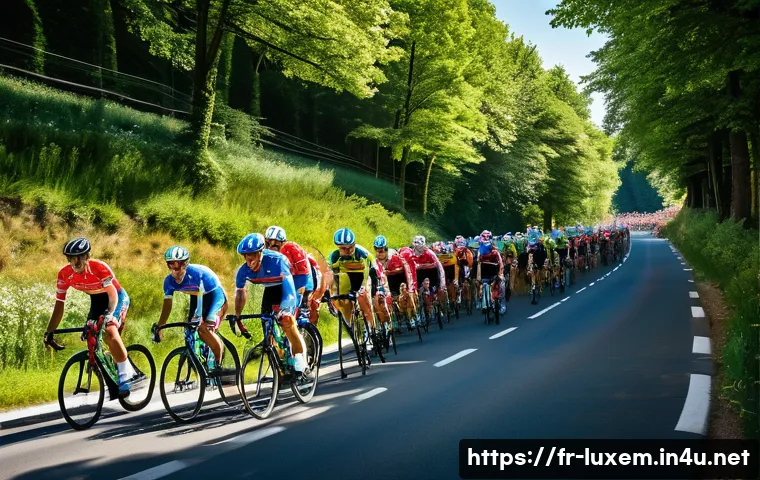 룩셈부르크 스포츠 스타 - A dynamic scene of a Luxembourgish cycling race winding through the hilly countryside, featuring cyc...