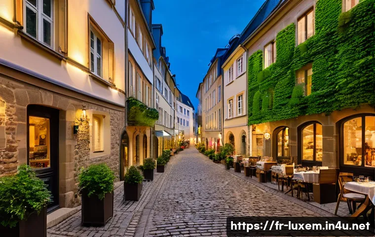 룩셈부르크 에어비앤비 후기 - A charming historic street scene in Luxembourg&rsquo;s Grund district at dusk, featuring cobblestone alley...