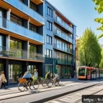 Home 21 룩셈부르크 생활비 - A vibrant urban neighborhood in Luxembourg, featuring modern apartment buildings with balconies, wel...