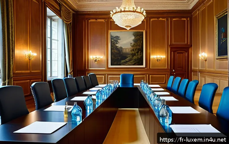 룩셈부르크 유럽연합 EU 내 역할 - A sophisticated diplomatic meeting room inside a modern European institution building in Luxembourg,...